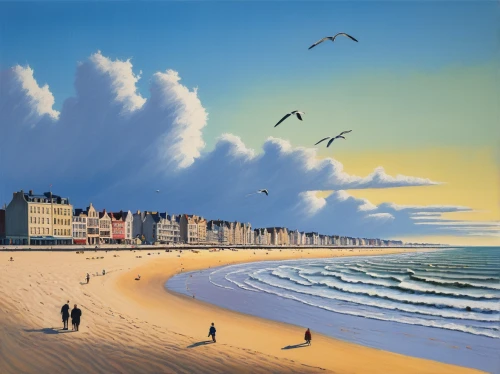 the touquet,beach landscape,seaside resort,knokke,strand,scheveningen,normandie region,cromer,breton,coastal landscape,seascape,golden sands,sea landscape,t normandie,surrealism,henne strand,seaside,basset artésien normand,normandy,seaside view,Art,Artistic Painting,Artistic Painting 09