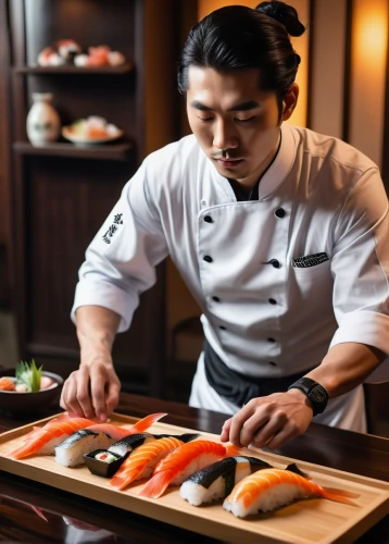 nigiri,kaiseki,chef's uniform,salmon roll,japanese cuisine,men chef,sushi roll images,sushi japan,sashimi,sushi set,sockeye salmon,salmon fillet,teppanyaki,asian cuisine,korean royal court cuisine,izakaya,arctic char,chef,sushi,raw fish,Conceptual Art,Oil color,Oil Color 18