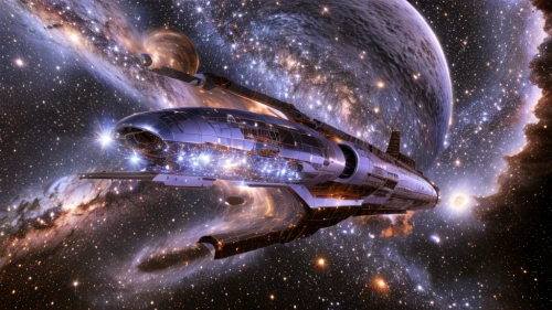 uss voyager,andromeda,interstellar bow wave,cardassian-cruiser galor class,federation,fast space cruiser,voyager,nebula 3,andromeda galaxy,ringed-worm,battlecruiser,victory ship,nebula guardian,ic 4703,star ship,ngc 2070,ngc 2082,spiral galaxy,starship,deep space