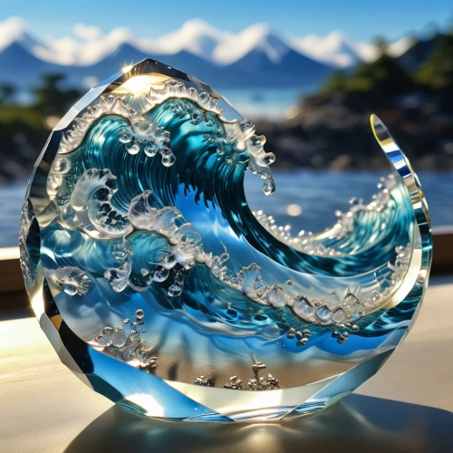 glass sphere,glass ornament,liquid bubble,glass vase,glass ball,sea water splash,crystal glass,glass series,lensball,colorful glass,water waves,hand glass,ocean waves,glass painting,waterglobe,japanese waves,glass items,glass yard ornament,blue sea shell pattern,coral swirl,Photography,General,Realistic