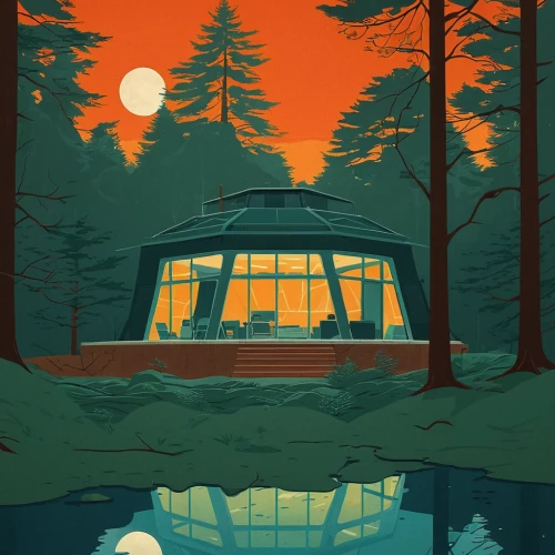 travel poster,house in the forest,boathouse,house with lake,pool house,futuristic landscape,boat house,the cabin in the mountains,earth rise,summer house,thermal spring,mid century house,thermal bath,house in the mountains,mirror house,futuristic art museum,lakeside,summer cottage,house in mountains,house of the sea,Illustration,Vector,Vector 05