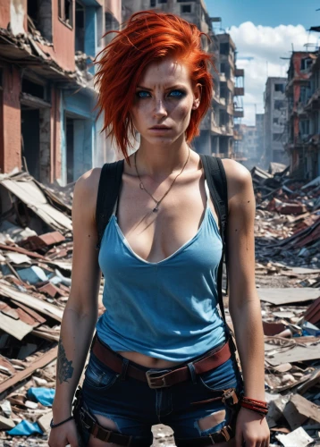 post apocalyptic,kathmandu,nora,renegade,scrapyard,hard woman,photo session in torn clothes,strong woman,destroyed city,havana,redhair,punk,sofia,greta oto,girl in overalls,digital compositing,clary,jena,clementine,trash land