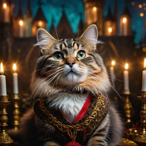 christmas cat,hanukah,napoleon cat,golden candlestick,candle wick,cat portrait,maincoon,candlelight,chanukah,cat image,hannukah,mayor,king caudata,regal,hanukkah,cat european,löwchen,advent time,candlemas,mozartkugel,Photography,General,Fantasy