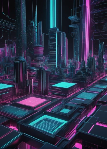 cyberspace,city blocks,cyberpunk,futuristic landscape,virtual landscape,cityscape,metropolis,pink squares,colorful city,cyber,neon ghosts,cities,neon arrows,fantasy city,neon light,wireframe,isometric,black city,neon lights,cubes,Illustration,Japanese style,Japanese Style 11