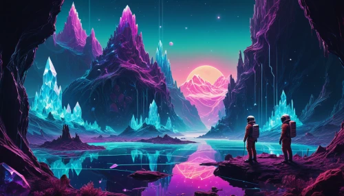 alien world,fantasy landscape,futuristic landscape,alien planet,purple landscape,mushroom landscape,ice cave,3d fantasy,cave,chasm,vast,geode,neon ghosts,barren,blue caves,mountain world,ice planet,exploration,stalagmite,acid lake,Conceptual Art,Daily,Daily 07
