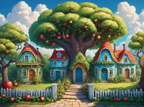 mushroom landscape,little house,home landscape,strawberry tree,fairy house,fairy village,aurora village,house in the forest,apple trees,treehouse,cartoon forest,tree house,houses clipart,apple tree,summer cottage,dandelion hall,fairy forest,tangerine tree,fruit tree,children's background,Illustration,Realistic Fantasy,Realistic Fantasy 23