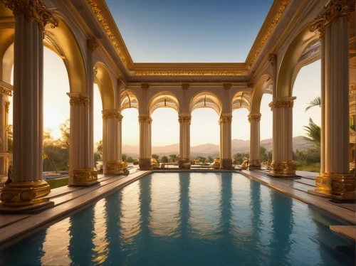 marble palace,luxury property,infinity swimming pool,neoclassical,mansion,pillars,water palace,pool house,swimming pool,luxury real estate,luxury hotel,reflecting pool,three pillars,caesars palace,venetian hotel,luxury home,columns,neoclassic,outdoor pool,classical architecture,Illustration,Retro,Retro 10
