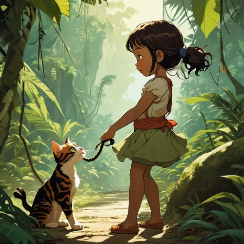mowgli,stroll,studio ghibli,jungle,tiger lily,ritriver and the cat,wander,exploration,forest animals,little boy and girl,kids illustration,chasing butterflies,forest walk,felidae,tarzan,girl and boy outdoor,cat tail,tropical animals,game illustration,world digital painting,Illustration,Children,Children 04