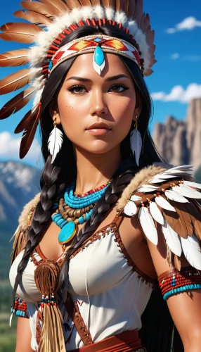 pocahontas,american indian,the american indian,warrior woman,cherokee,native american,amerindien,indian headdress,native,tribal chief,shamanism,female warrior,cheyenne,shamanic,inca,incas,first nation,headdress,indigenous culture,feather headdress,Illustration,Japanese style,Japanese Style 03
