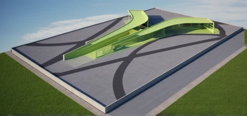 ski jump,futuristic art museum,ski jumping,3d rendering,halfpipe,solar cell base,grass roof,futuristic architecture,folding roof,helipad,render,smoothing plane,delta-wing,aileron,roof landscape,sky space concept,half pipe,3d rendered,slope,ramp,Photography,General,Realistic