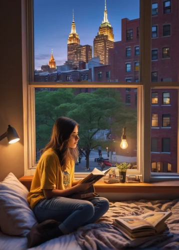 girl studying,bedroom window,little girl reading,blonde woman reading a newspaper,window view,relaxing reading,reading,bedside lamp,window sill,hoboken condos for sale,e-book readers,woman on bed,romantic night,read a book,hotel room,bookworm,evening atmosphere,window treatment,new york,view from window,Photography,Documentary Photography,Documentary Photography 23