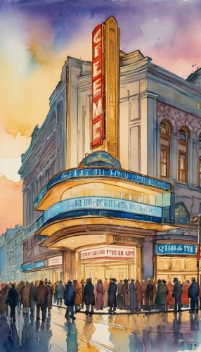 warner theatre,fox theatre,alabama theatre,ohio theatre,radio city music hall,movie palace,keith-albee theatre,chicago theatre,facade painting,pitman theatre,theatre marquee,smoot theatre,old cinema,marquee,atlas theatre,broadway,art deco,theater curtain,watercolor painting,theater,Illustration,Paper based,Paper Based 25