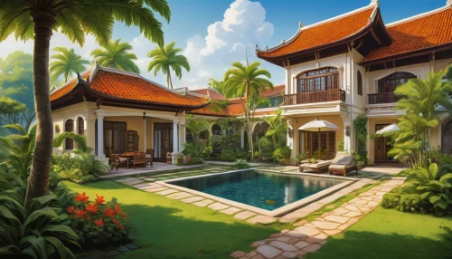 holiday villa,tropical house,pool house,tropical island,private house,bali,luxury property,home landscape,luxury home,tropical greens,beautiful home,resort,roof landscape,house by the water,idyllic,coconut trees,holiday complex,vietnam,seminyak,coconut tree,Illustration,Children,Children 03