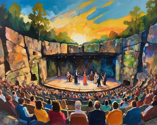 open air theatre,amphitheatre,amphitheater,theatre stage,theater stage,waldbühne,theatre,concert stage,orchestra,stage curtain,ancient theatre,smoot theatre,concert dance,theater curtain,stage design,performing arts,theater,pitman theatre,audience,performers,Conceptual Art,Oil color,Oil Color 20