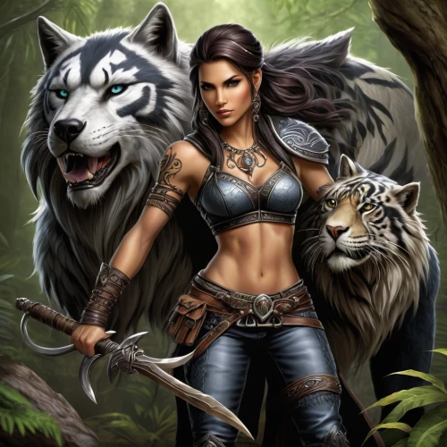 female warrior,huntress,warrior woman,wolf hunting,fantasy art,howling wolf,fantasy picture,cat warrior,wolf,heroic fantasy,gray wolf,sorceress,swordswoman,fantasy warrior,wolves,fantasy portrait,werewolves,werewolf,canidae,fantasy woman,Conceptual Art,Fantasy,Fantasy 30