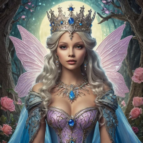 fairy queen,fantasy portrait,fantasy woman,fantasy art,faerie,fairy tale character,the snow queen,rosa 'the fairy,fantasy picture,faery,cinderella,princess crown,elsa,heart with crown,ice queen,queen of the night,tiara,vanessa (butterfly),blue enchantress,fairy,Illustration,Realistic Fantasy,Realistic Fantasy 02