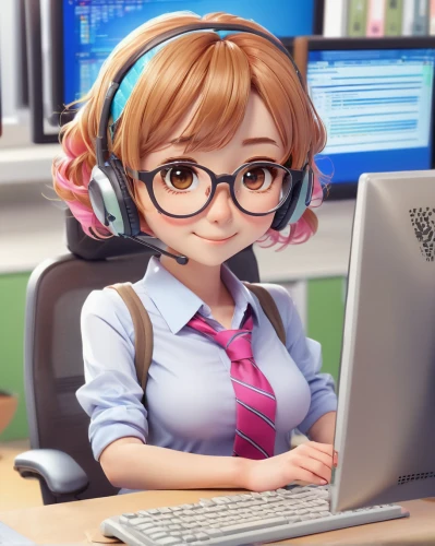 girl at the computer,office worker,anime 3d,girl studying,secretary,librarian,blur office background,computer freak,with glasses,mikuru asahina,desktop support,anime girl,night administrator,the community manager,gamer,receptionist,honmei choco,nerd,headset,in a working environment,Illustration,Japanese style,Japanese Style 02