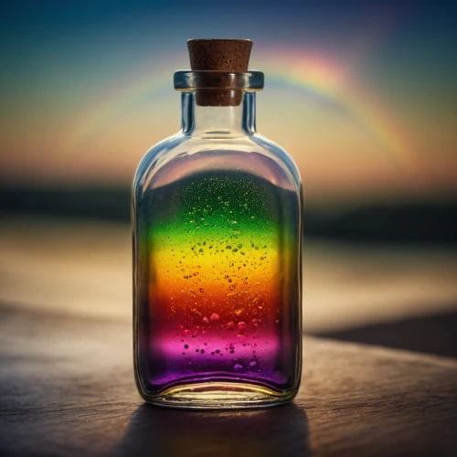 message in a bottle,poison bottle,isolated bottle,rainbow background,bottle fiery,bottle of oil,colorful glass,perfume bottle,potions,glass bottle,gas bottle,glass jar,the bottle,bottle surface,pot of gold background,refraction,potion,phosphogluconic acid,rainbow at sea,conjure up,Photography,General,Cinematic