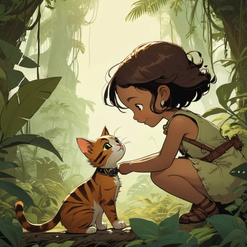 mowgli,tarzan,she feeds the lion,jungle,moana,human and animal,tiger lily,cave girl,ritriver and the cat,tiger cub,king of the jungle,polynesian girl,game illustration,forest animals,tiana,young tiger,felidae,exploration,world digital painting,kids illustration,Illustration,Children,Children 04