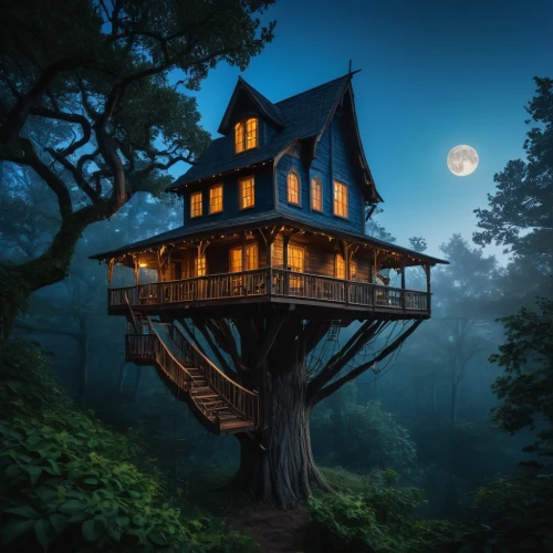tree house,tree house hotel,treehouse,house in the forest,witch's house,witch house,wooden house,fairy house,stilt house,little house,miniature house,lonely house,bird house,fantasy picture,beautiful home,inverted cottage,timber house,house silhouette,lookout tower,hanging houses,Photography,General,Fantasy