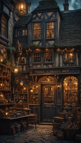 apothecary,medieval street,medieval town,tavern,brandy shop,crooked house,potions,wooden houses,alpine village,witch's house,merchant,hogwarts,3d fantasy,shopkeeper,medieval architecture,candlemaker,gift shop,bookstore,bookshop,hobbiton,Photography,General,Fantasy