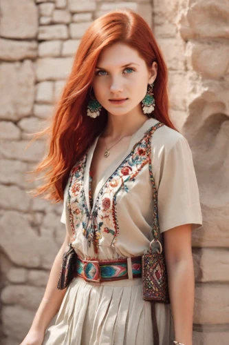 princess anna,miss circassian,folk costume,russian folk style,ancient egyptian girl,girl in a historic way,thracian,redhead doll,young model istanbul,ginger rodgers,ethnic design,petra,folk costumes,gipsy,arabian,vintage girl,vintage woman,vintage dress,cappadocia,merida,Photography,Realistic