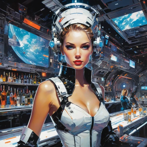 barmaid,bartender,sci fiction illustration,sci fi,scifi,science fiction,cigarette girl,science-fiction,cybernetics,sci - fi,sci-fi,streampunk,atomic age,space-suit,bottleneck,cyberspace,cyberpunk,liquor bar,steampunk,flight attendant,Conceptual Art,Oil color,Oil Color 07