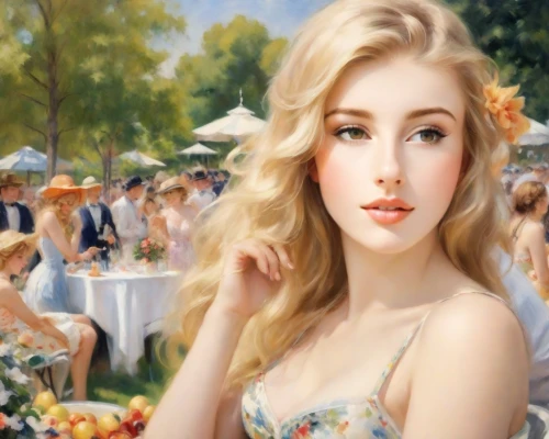 girl in flowers,blonde woman,emile vernon,the blonde in the river,photo painting,world digital painting,young woman,beautiful girl with flowers,blonde girl,blond girl,girl in the garden,romantic portrait,oil painting,art painting,woman at cafe,girl with cereal bowl,woman with ice-cream,bougereau,fantasy portrait,vintage woman