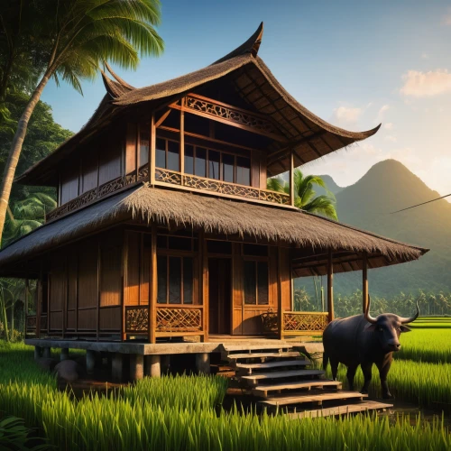 asian architecture,ricefield,rice fields,rice paddies,traditional house,the rice field,home landscape,ancient house,rice field,tropical house,oriental,hawaii bamboo,beautiful home,wooden house,water buffalo,idyllic,japanese background,landscape background,rice terrace,grass roof,Illustration,Paper based,Paper Based 03