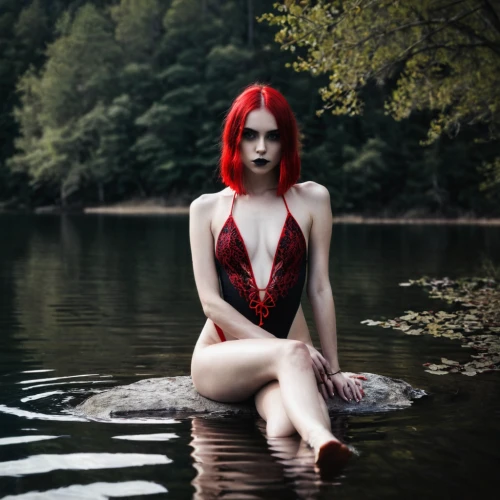 rusalka,siren,the blonde in the river,girl on the river,floating on the river,vampire woman,perched on a log,vampire lady,redhead doll,red skin,water nymph,merfolk,sirens,red-hot polka,submerged,queen of hearts,schopf-torch lily,greta oto,poison ivy,dark gothic mood,Illustration,Realistic Fantasy,Realistic Fantasy 46