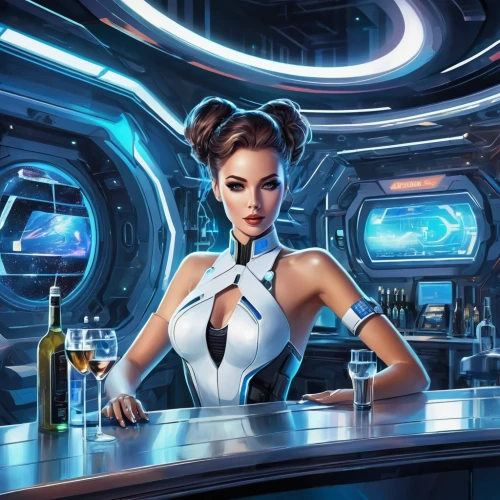 barmaid,bartender,symetra,sci fiction illustration,unique bar,cg artwork,retro diner,cosmetics counter,princess leia,bar,game illustration,bar counter,liquor bar,cashier,barista,pub,female doctor,sci fi,bar spiral galaxy,scifi,Conceptual Art,Sci-Fi,Sci-Fi 06