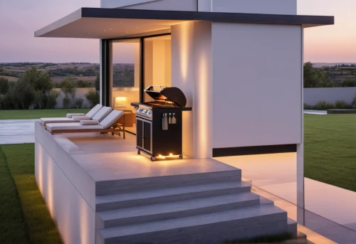 patio heater,landscape lighting,fire place,outdoor grill,security lighting,outdoor furniture,smarthome,smart home,cubic house,modern house,fireplaces,modern architecture,outdoor table,modern decor,block balcony,outdoor sofa,contemporary decor,smart house,modern style,roof terrace,Photography,General,Realistic