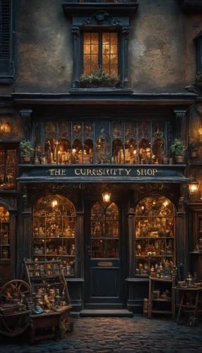 apothecary,candlemaker,brandy shop,bookshop,hogwarts,potions,bookstore,book store,soap shop,bakery,gift shop,french confectionery,merchant,gold shop,pharmacy,tavern,3d fantasy,harry potter,shopkeeper,wand,Photography,General,Fantasy