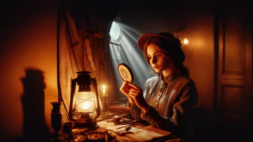 girl studying,girl in the kitchen,woman holding pie,the girl in nightie,meticulous painting,mystical portrait of a girl,reading magnifying glass,art painting,painting easter egg,the little girl's room,the annunciation,seamstress,fortune teller,oil painting on canvas,girl with bread-and-butter,kerosene lamp,romantic portrait,dressmaker,woman at cafe,photo painting