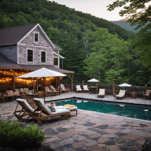 outdoor pool,pool house,summer cottage,vermont,country hotel,summer house,new england style house,roof top pool,outdoor dining,house in the mountains,the cabin in the mountains,cottagecore,backyard,lodge,outdoor table and chairs,chalet,swimming pool,dug-out pool,blue ridge mountains,luxury property,Illustration,Abstract Fantasy,Abstract Fantasy 03