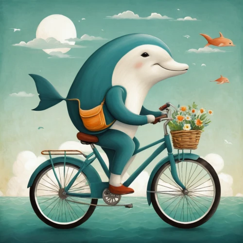 dolphin rider,road dolphin,trainer with dolphin,girl with a dolphin,porpoise,delfin,dolphin,whimsical animals,dolphin background,dolphin-afalina,anthropomorphized animals,bottlenose,little whale,dusky dolphin,sea swallow,bicycling,marine mammal,orca,bicycle,whale,Illustration,Abstract Fantasy,Abstract Fantasy 02