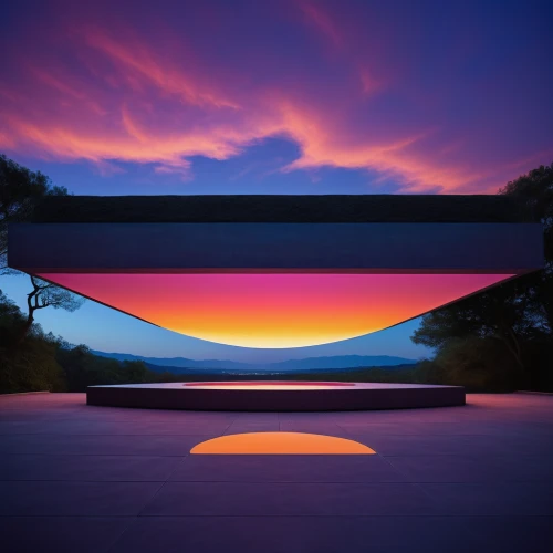 futuristic art museum,mirror house,rainbow bridge,roof landscape,incredible sunset over the lake,futuristic landscape,colorful glass,outdoor table,futuristic architecture,glass roof,symmetrical,skylight,reflecting pool,virtual landscape,harmony of color,infinity swimming pool,roof lantern,the eternal flame,color fields,glass window,Illustration,Realistic Fantasy,Realistic Fantasy 05