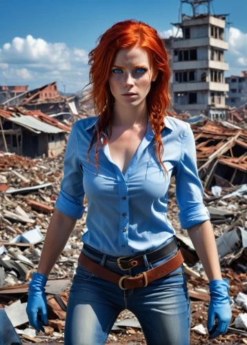 clary,blue-collar worker,fallout4,blue-collar,female doctor,asuka langley soryu,fallout,woman fire fighter,cosplay image,post apocalyptic,female worker,girl in overalls,hard woman,super heroine,digital compositing,woman holding gun,redhair,maci,safety glass,redheaded