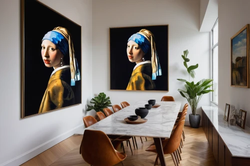 girl with a pearl earring,the living room of a photographer,modern decor,dining room,dining room table,interior decor,dining table,interior design,breakfast room,contemporary decor,paintings,interior decoration,shared apartment,art dealer,wall decor,danish room,decor,art gallery,interiors,danish furniture,Art,Classical Oil Painting,Classical Oil Painting 07