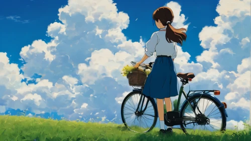 bicycle ride,bicycle,studio ghibli,bicycling,woman bicycle,bicycle riding,bike ride,euphonium,biking,delivery service,cycling,forget-me-not,bike,flower delivery,bicycles,bike riding,cyclist,blue sky,forget me not,springtime background,Illustration,Japanese style,Japanese Style 14
