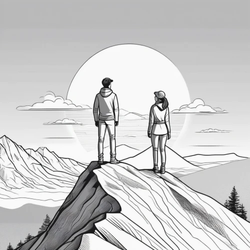 half-dome,hand-drawn illustration,book illustration,mountaineers,sci fiction illustration,hikers,couple silhouette,digital illustration,game illustration,the spirit of the mountains,digital nomads,frame illustration,mountain rescue,salt mountain,split rock,wright brothers,kicking horse,guards of the canyon,coloring page,travelers,Illustration,Black and White,Black and White 04