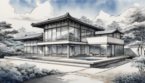 japanese architecture,asian architecture,house drawing,modern house,ginkaku-ji,ryokan,house painting,wooden house,winter house,3d rendering,chinese architecture,residential house,house by the water,golden pavilion,kirrarchitecture,architect,frame house,private house,mid century house,hanok,Illustration,Paper based,Paper Based 30