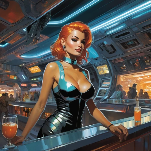 bartender,retro diner,barmaid,cigarette girl,stewardess,flight attendant,diner,unique bar,sci fiction illustration,edsel,liquor bar,ufo interior,edsel corsair,transistor,space tourism,tail fins,retro woman,cocktail dress,waitress,passengers,Conceptual Art,Oil color,Oil Color 04