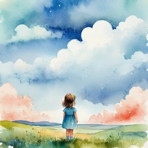 watercolor background,watercolor,watercolor blue,little girl in wind,watercolor baby items,watercolor paint,watercolor painting,watercolors,watercolour,watercolor floral background,watercolor texture,summer sky,little clouds,meadow in pastel,springtime background,watercolor paper,blue sky clouds,watercolor frame,cloud play,cloudiness,Illustration,Paper based,Paper Based 25