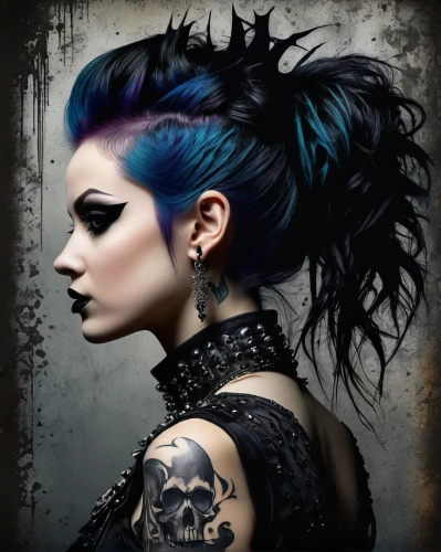 gothic woman,gothic fashion,goth woman,gothic style,mohawk hairstyle,blue enchantress,punk design,gothic portrait,bluejay,goth,blue hair,gothic,goth subculture,goth like,feathered hair,dark angel,cobalt blue,punk,tattoo girl,blue jay,Photography,General,Fantasy