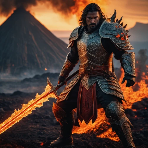 fire background,massively multiplayer online role-playing game,digital compositing,biblical narrative characters,aquaman,burning earth,heroic fantasy,burning torch,warrior east,volcanic,thorin,game art,warlord,volcano,pillar of fire,fire master,bordafjordur,barbarian,norse,flame of fire,Photography,General,Fantasy