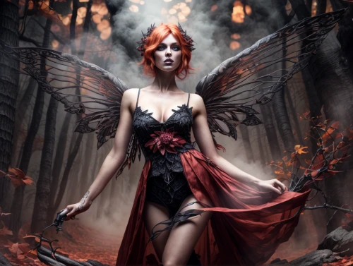 faery,faerie,dark angel,fire angel,fallen angel,evil fairy,fairy queen,fantasy art,sorceress,red butterfly,fantasy picture,angel of death,fae,black angel,gothic woman,cupido (butterfly),clary,fantasy woman,firebird,gothic fashion