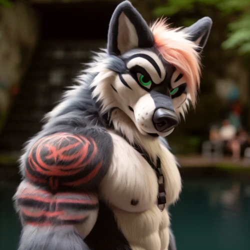 furta,p badge,nikko,canine,furry,groom,k badge,hot spring,w badge,garden-fox tail,male character,akita,bark,dusk background,canine rose,n badge,mohawk,pool water,husky,shasta