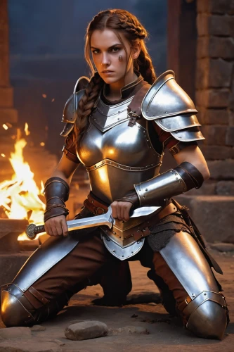 female warrior,joan of arc,paladin,woman fire fighter,massively multiplayer online role-playing game,cullen skink,warrior woman,crusader,steel,swordswoman,knight armor,male elf,fire angel,male character,breastplate,dane axe,iron mask hero,smouldering torches,visual effect lighting,firebrat,Conceptual Art,Fantasy,Fantasy 07