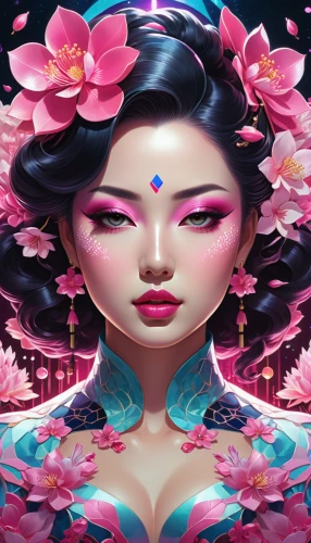 geisha,geisha girl,oriental princess,ipê-rosa,rosa ' amber cover,lotus blossom,jasmine blossom,pink plumeria,oriental girl,asian vision,asian woman,plumeria,sacred lotus,japanese floral background,fantasy portrait,magnolias,hibiscus-double,japanese sakura background,mulan,water lotus,Unique,3D,Isometric